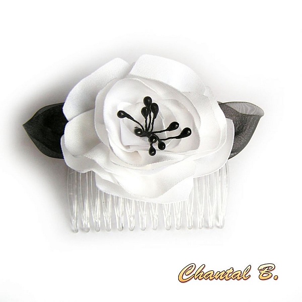 Peigne &agrave; cheveux fleur de satin blanc et noir mariage baroque