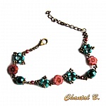 bracelet fantaisie perles fleurs boh&egrave;me rose et perles nacr&eacute;es turquoise m&eacute;tal bronze
