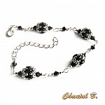 bracelet cristal swarovski perles de verre noir brillant et argent tiss&eacute;es