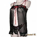 Lingerie Saint Valentin ensemble d&eacute;shabill&eacute; noir soie papillon rouge Alix