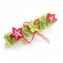 jarreti&egrave;re dentelle anis fleurs de soie fuschia