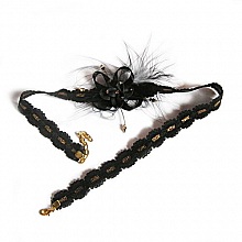 bandeau cheveux dentelle noire et or fleur polym&egrave;re et satin strass dor&eacute;s