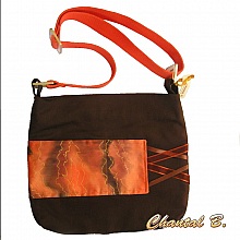 sac &agrave; main coton chocolat et soie orange peinte Marion bandouli&egrave;re r&eacute;glable