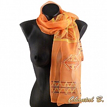 foulard &eacute;charpe mousseline de soie orange peint main accessoire soir&eacute;e