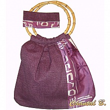 Sac cabas bandouli&egrave;re et pochette violet motif bambou soie et coton