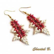 boucles d'oreilles pendantes perles tiss&eacute;es corail blanc et dor&eacute;