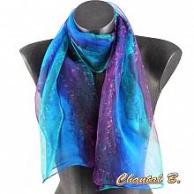 long foulard mousseline de soie &eacute;charpe peint main d&eacute;grad&eacute; turquoise violet emeraude