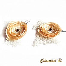 lot de 2 pics fleur &agrave; chignon &eacute;pingles &agrave; cheveux mariage fleur de satin sur dentelle ivoire perle chocolat