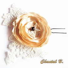 pic fleur &agrave; chignon &eacute;pingle &agrave; cheveux mariage fleur de satin sur dentelle ivoire perle chocolat