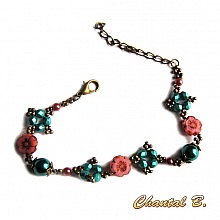 bracelet fantaisie perles fleurs boh&egrave;me rose et perles nacr&eacute;es turquoise m&eacute;tal bronze