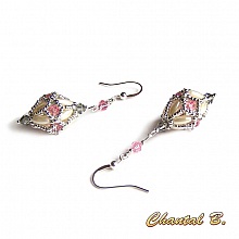 boucles d'oreilles mari&eacute;e perles swarovski rose et gris perles nacr&eacute;es grain de riz et  argent plaqu&eacute; argent