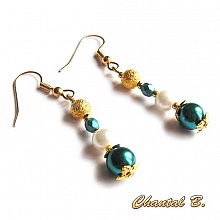 boucles d'oreilles perle &eacute;meraude ivoire et dor&eacute;e soir&eacute;e mariage plaqu&eacute; or