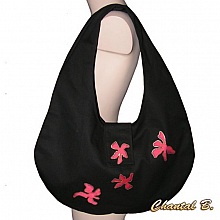 sac &agrave; main rouge &agrave; porter &agrave; l'&eacute;paule Tahiti tissu coton noire et fleurs soie rouge