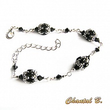 bracelet cristal swarovski perles de verre noir brillant et argent tiss&eacute;es