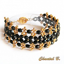 bracelet manchette tiss&eacute; perles boh&egrave;me noir et or mariage soir&eacute;e