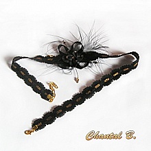 headband bandeau cheveux dentelle noire et or fleur polym&egrave;re et satin strass dor&eacute;s