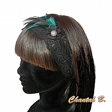 bandeau cheveux dentelle noire et plumes bleu turquoise et noir