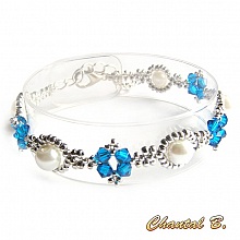 bracelet cristal swarovski bleu perles nacr&eacute;es et argent tiss&eacute;es