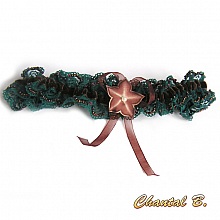 Jarreti&egrave;re dentelle bleue p&eacute;trole et velours chocolat fleur de soie