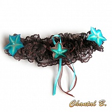 jarreti&egrave;re mariage dentelle chocolat fleurs de soie turquoise