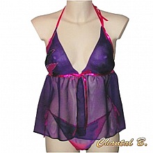 lingerie Saint Valentin ensemble d&eacute;shabill&eacute; soie  violet Bali et string peint main