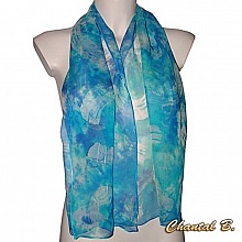 long foulard &eacute;charpe mousseline de soie turquoise peint main bleu Oc&eacute;ane accessoire soir&eacute;e