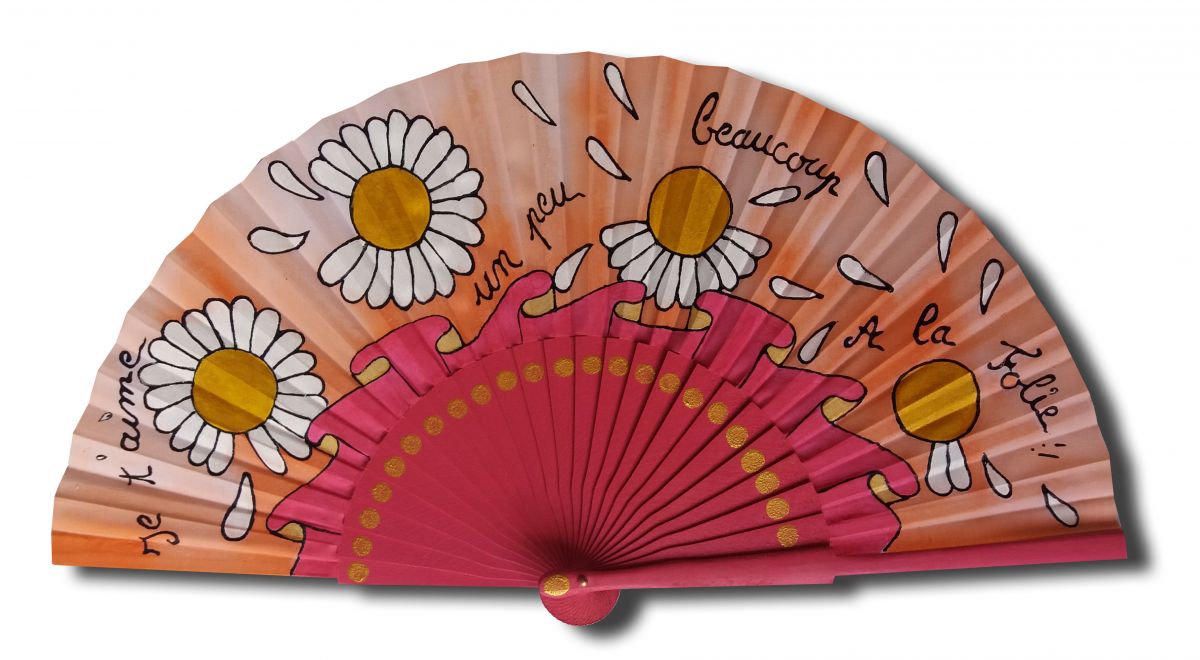 Éventail en satin peint à la main avec motif marguerites.
