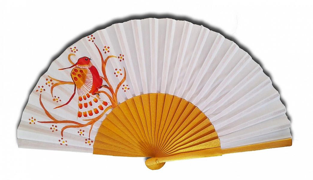 Éventail en satin peint à la main motif oiseau Oaxaca.