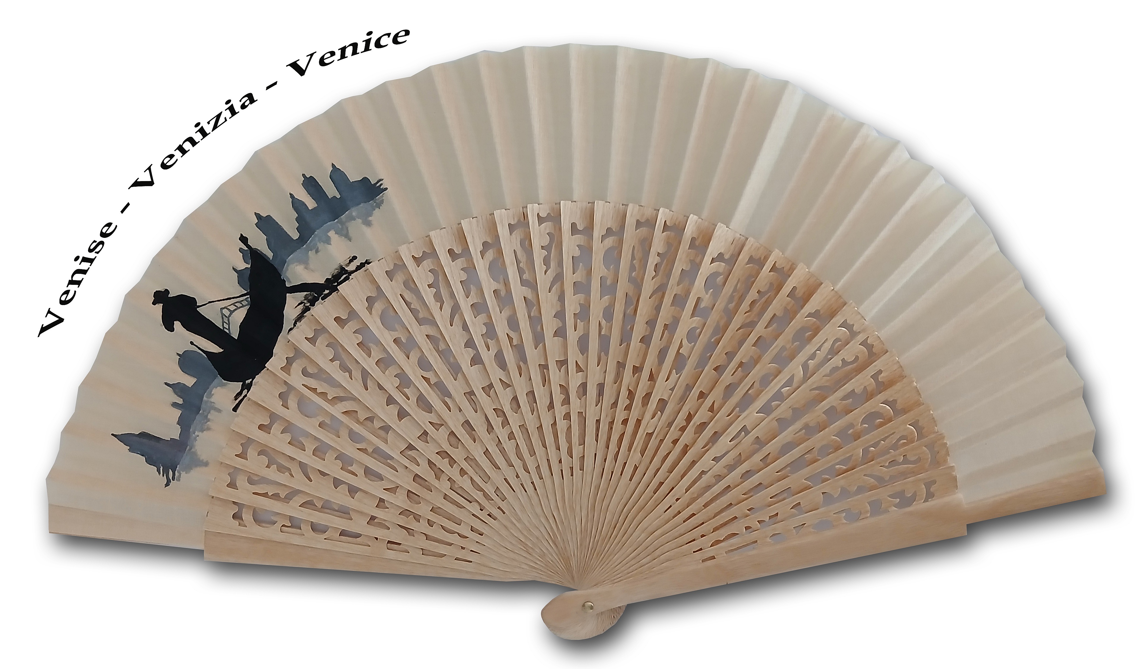 Éventail en bois ajouré avec motif vénitien peint main.