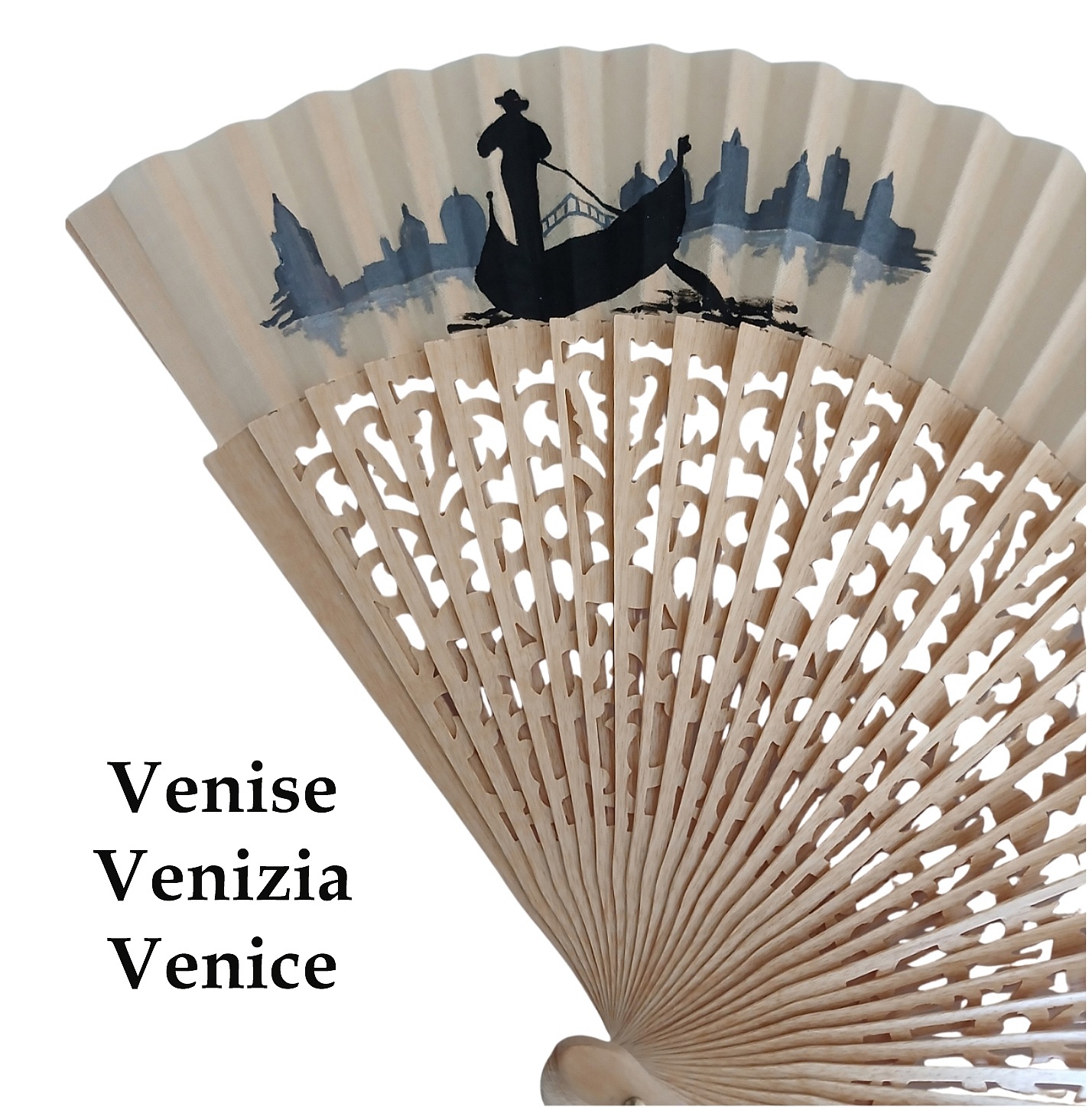 Éventail en bois ajouré peint à la main motif Venise.
