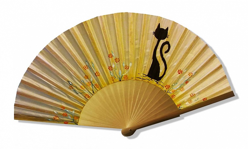 Eventail en satin dessin&eacute; et peint &agrave; la main "Chat sun"