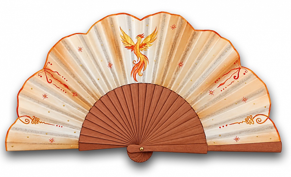 Éventail en satin peint à la main motif fenix