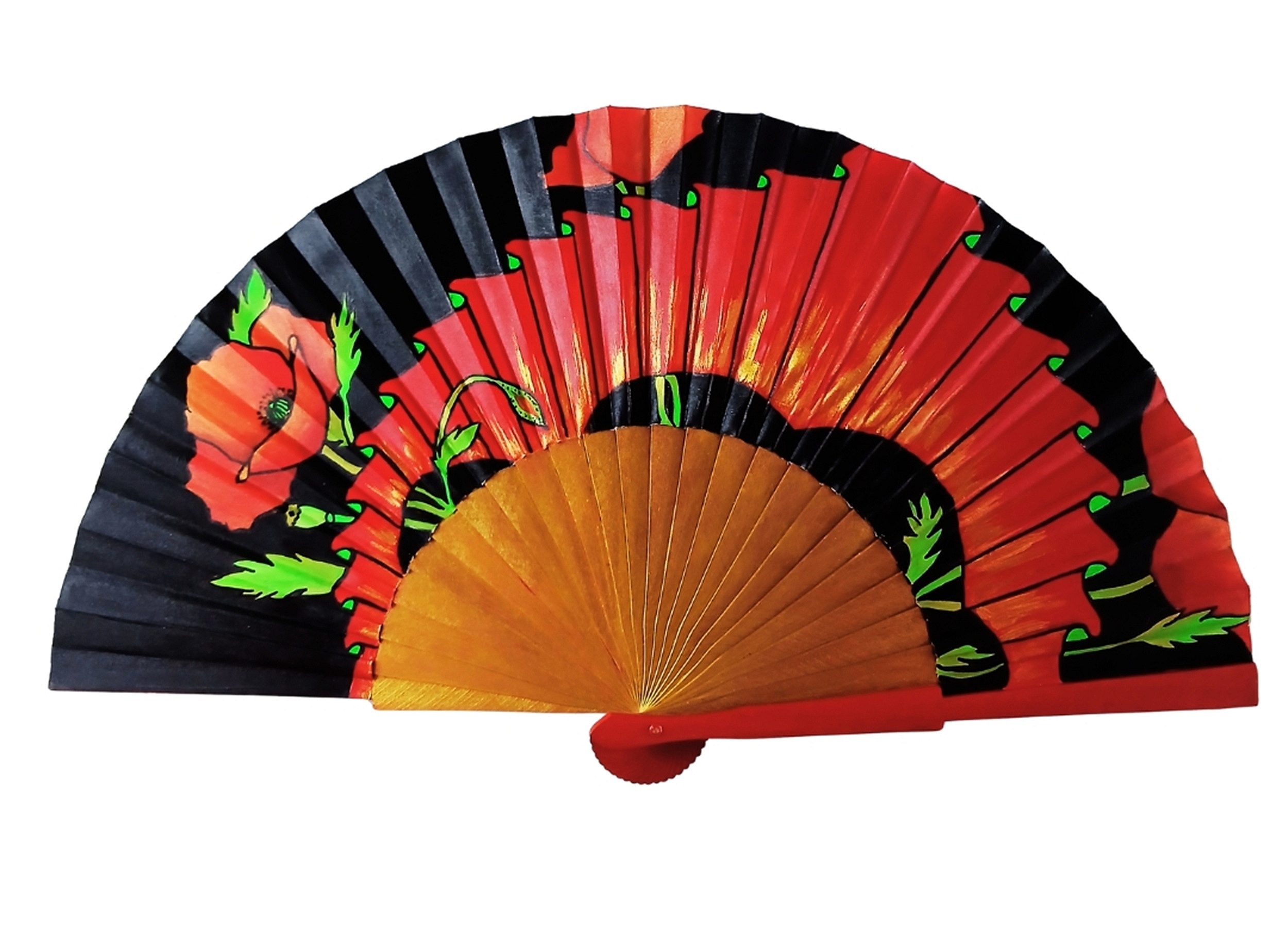 Éventail en satin peint à la main motif coquelicots Cordoba.