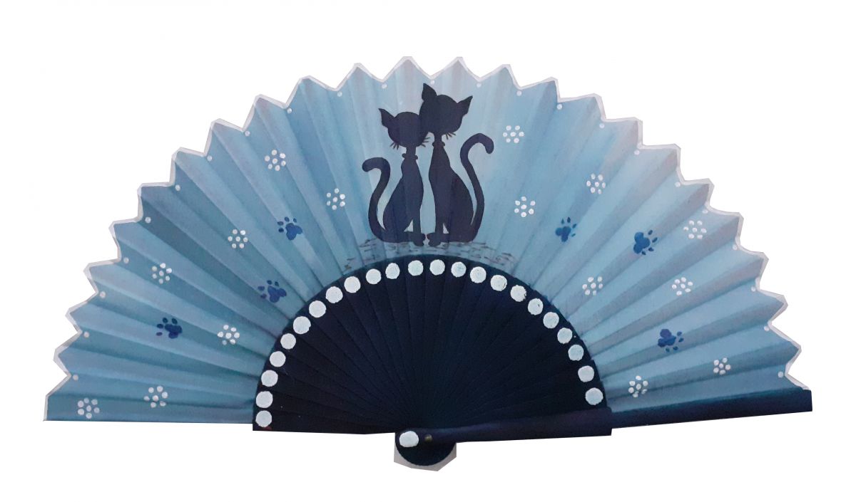 Eventail en satin dessin&eacute; et peint &agrave; la main " Cat floral"