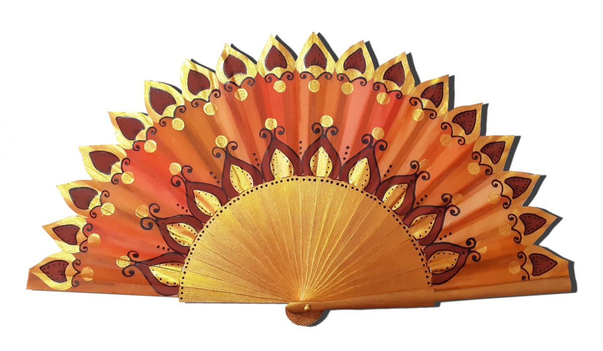 Éventail en satin peint à la main motif indien orange.