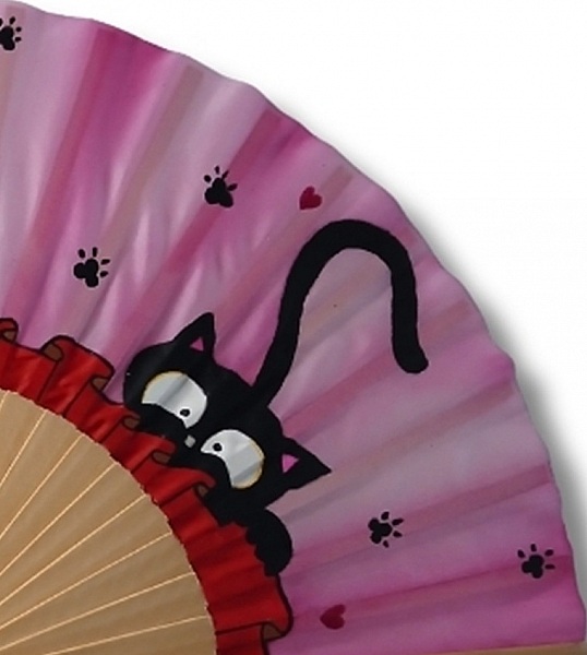 Éventail en soie peint à la main avec chat noir.