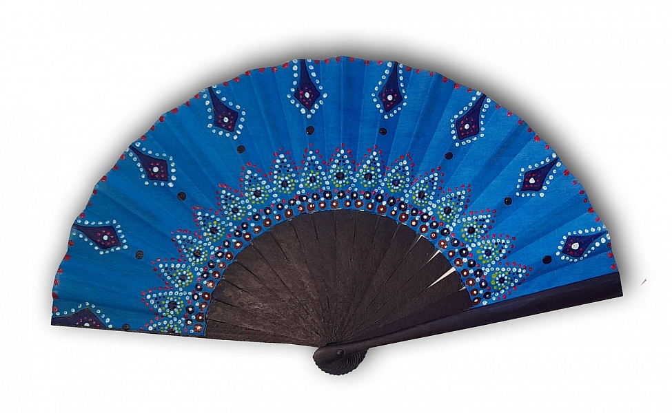 Eventail unisexe en coton peint &agrave; la main. "Mandala du sud" 19cm