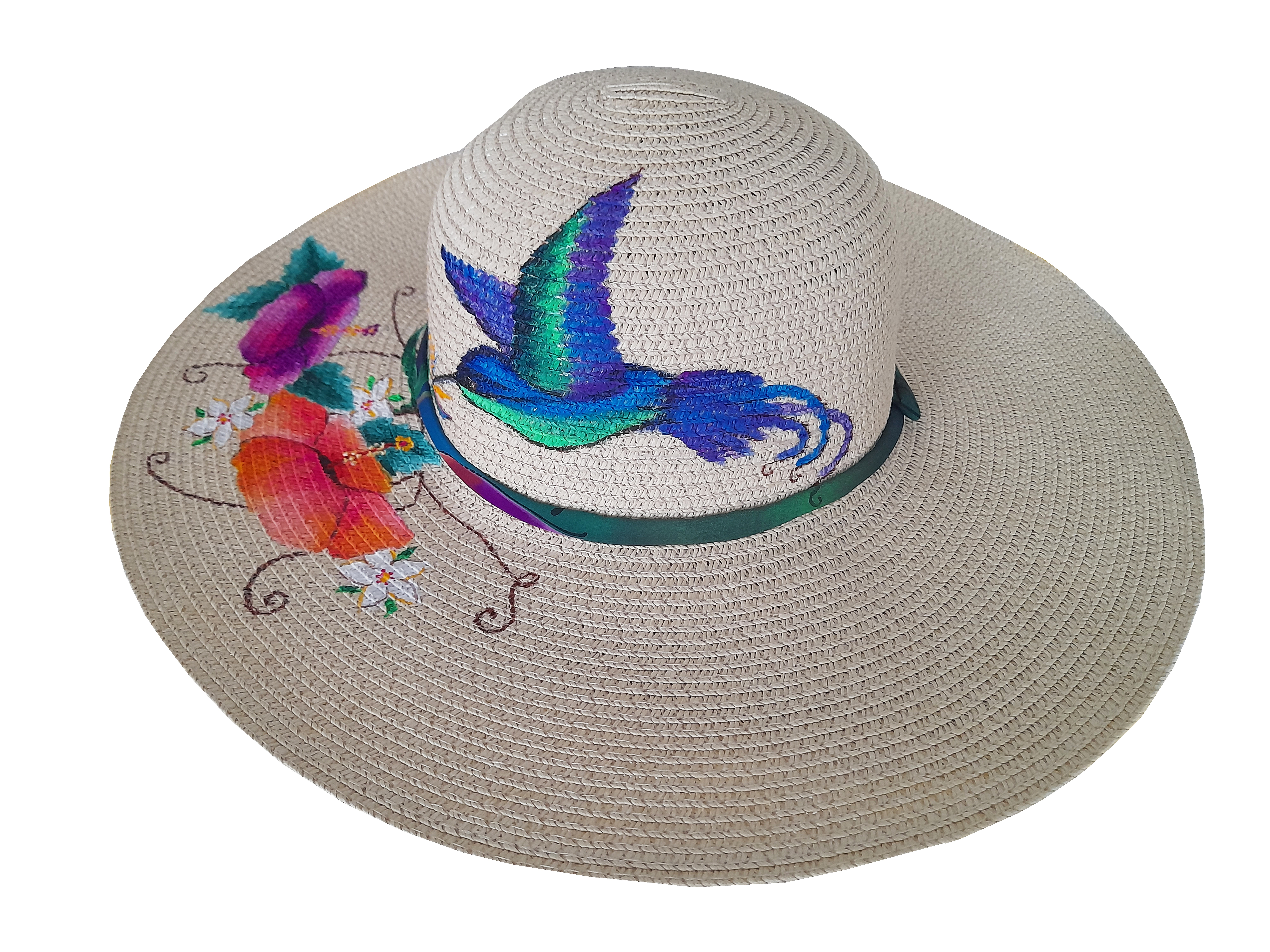 Jolie capeline enti&egrave;rement peinte &agrave; la main, en paille enduite pour une meilleure protection "Colibri"