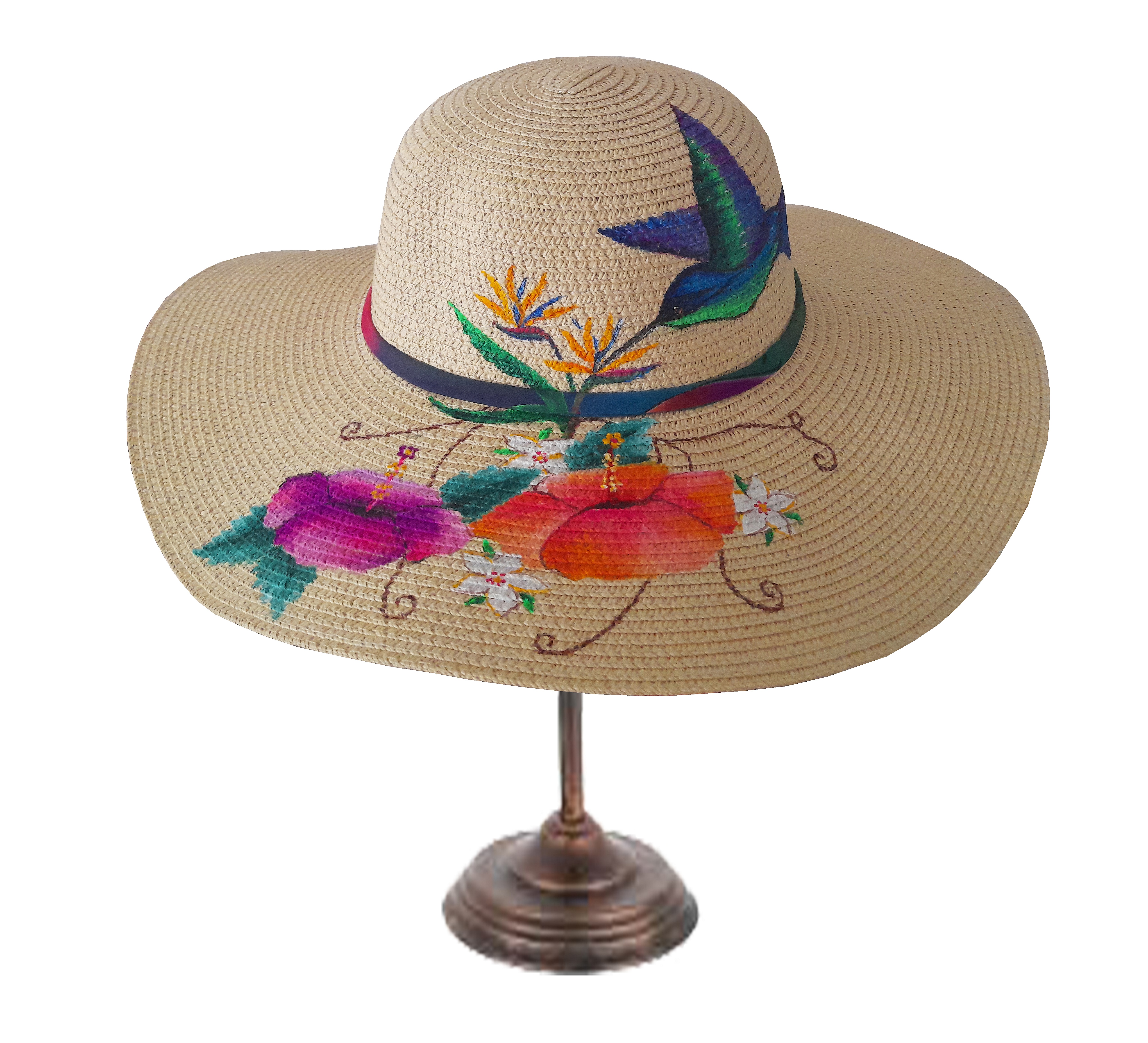 Jolie capeline enti&egrave;rement peinte &agrave; la main, en paille enduite pour une meilleure protection "Colibri"