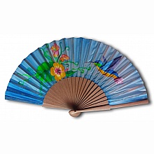Eventail en soie dessin&eacute; et peint &agrave; la main "Colibri"