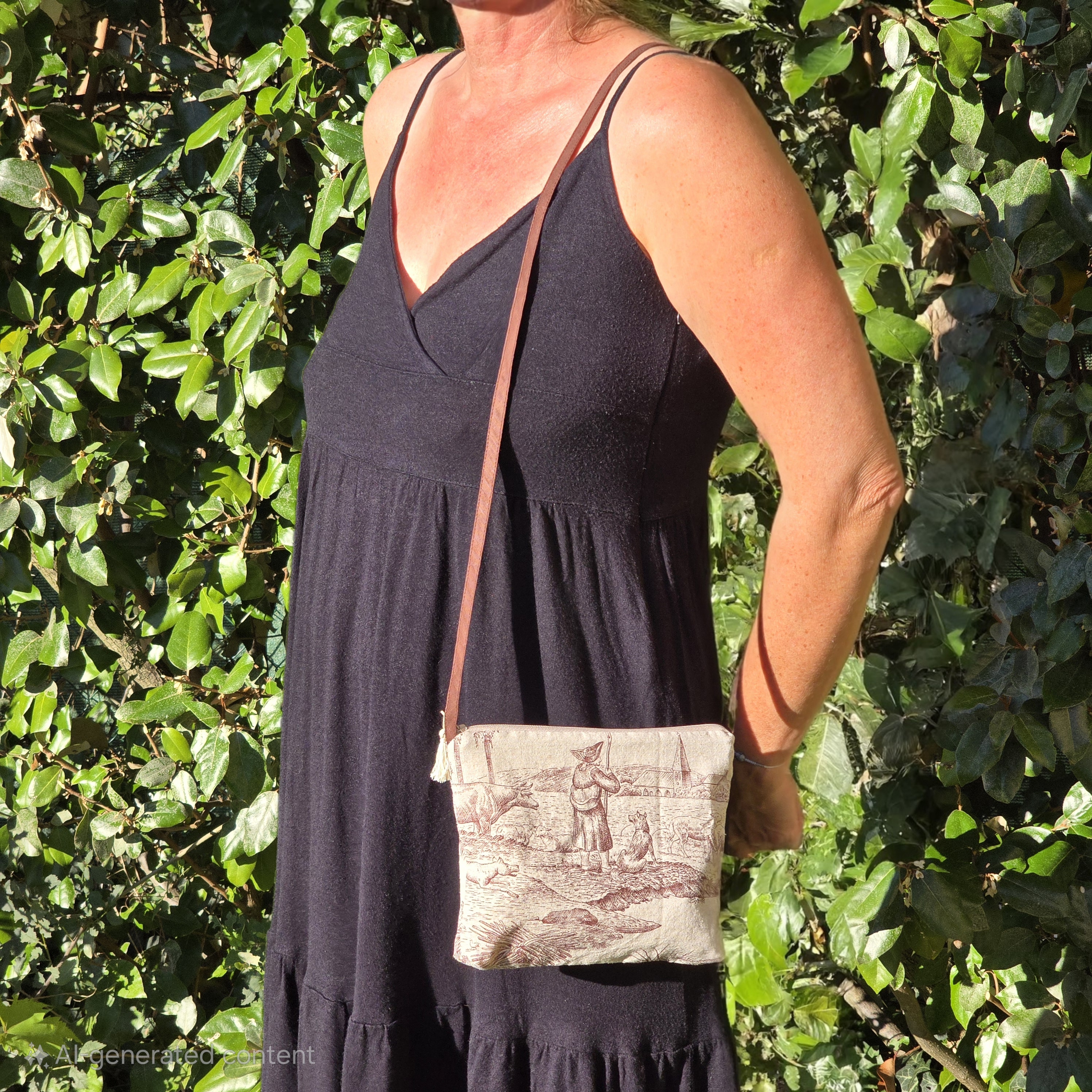 Pochette avec bandouli&egrave;re en tissu toile de Jouy marron et beige agr&eacute;ment&eacute;e d'un pompon