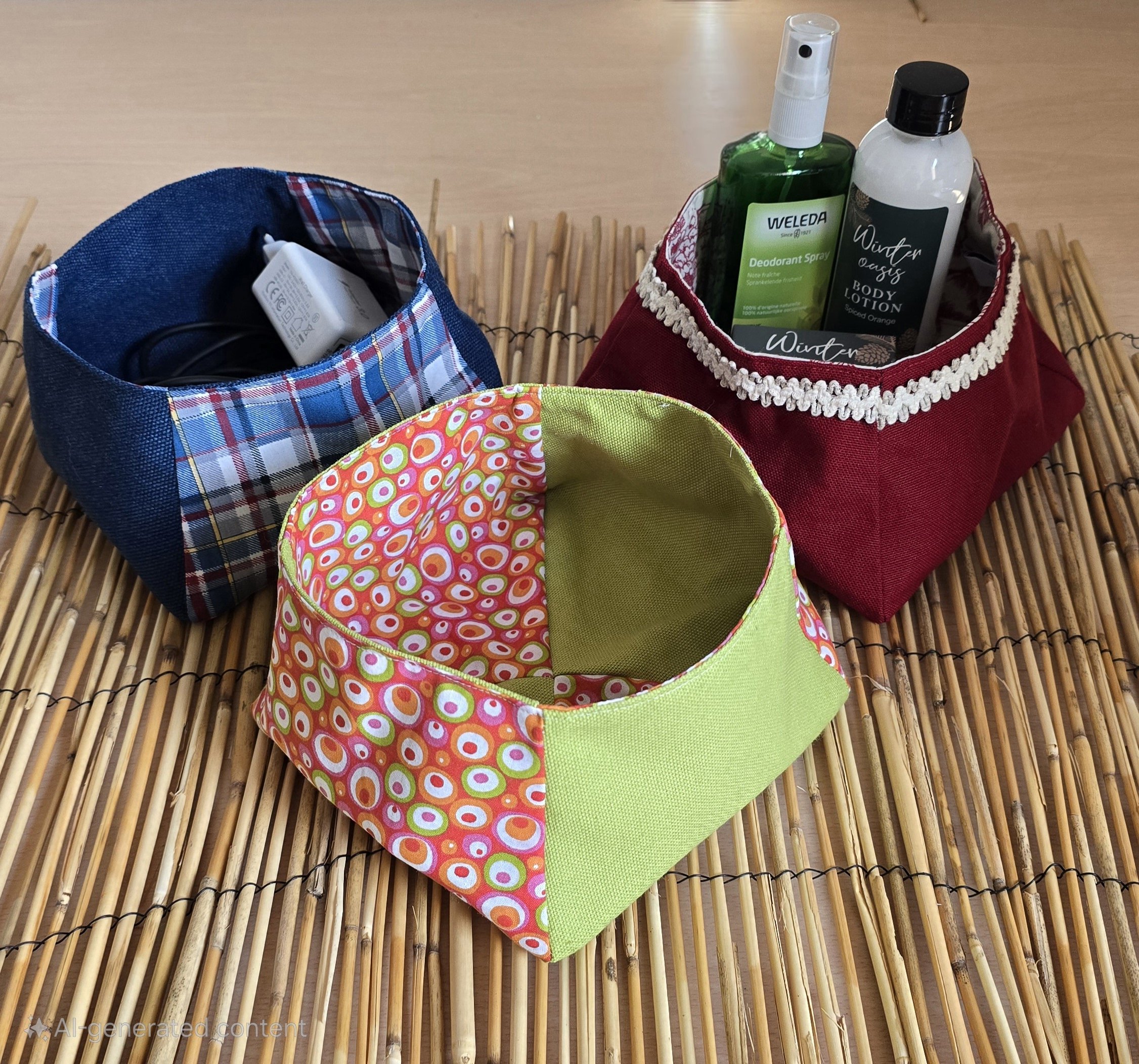 Trois vide-poches en tissu coloré pour organiser votre intérieur.