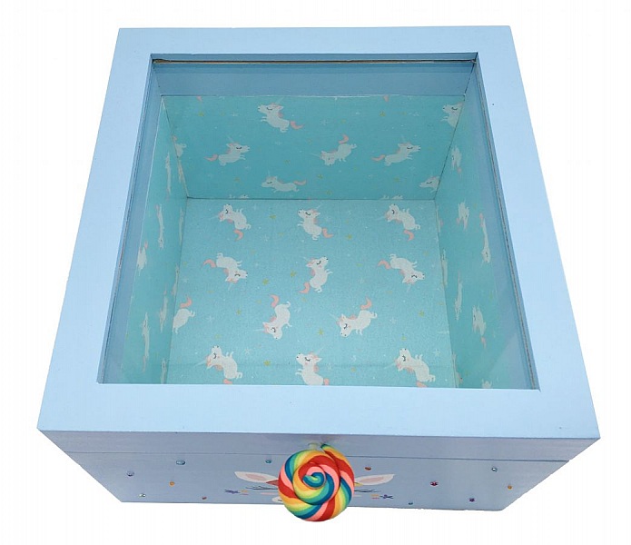 Boite en bois et son couvercle en verre. Model : licorne bleu