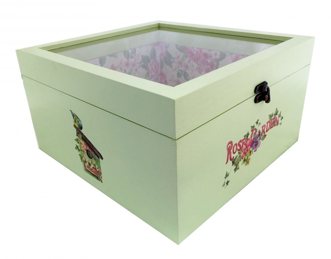 Boite en bois et son couvercle en verre. Model : rose garden