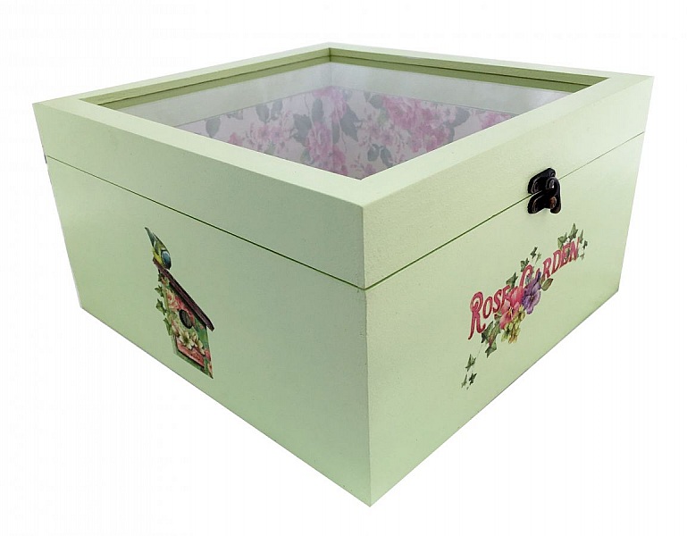 Boite en bois et son couvercle en verre. Model : rose garden