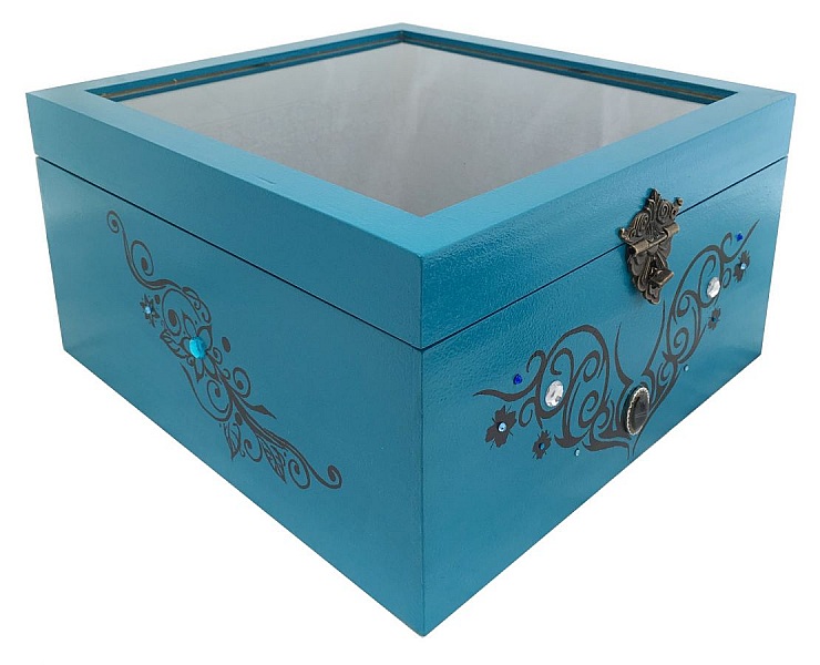 Boite en bois et son couvercle en verre. Model : bleu tribal
