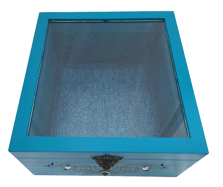 Boite en bois et son couvercle en verre. Model : bleu tribal