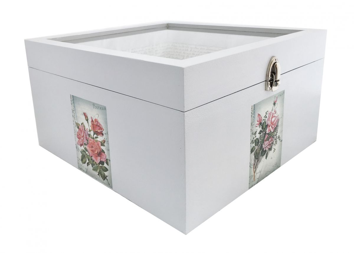 Boite en bois et son couvercle en verre. Model : lettre a l'eau de rose