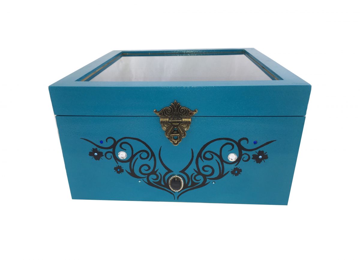 Boite en bois et son couvercle en verre. Model : bleu tribal