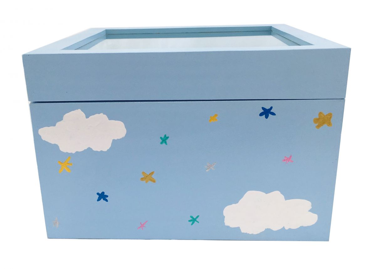 Boite en bois et son couvercle en verre. Model : licorne bleu